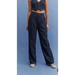 Womens Y2K Pleated Wide Leg Casual Streetwear Sz Small Navy Pinstriped Trousers